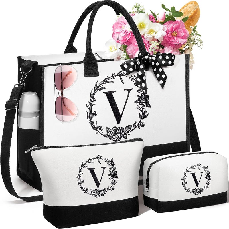 FLOE Personalized Gifts for Women, Initial Canvas Tote Bag & Makeup Bag Monogrammed Beach Tote Bags for Women w/Zipper, Valentines Day Birthday Gifts for Her Wife Girlfriend Mom Sister Best Friend Teacher - Image 1